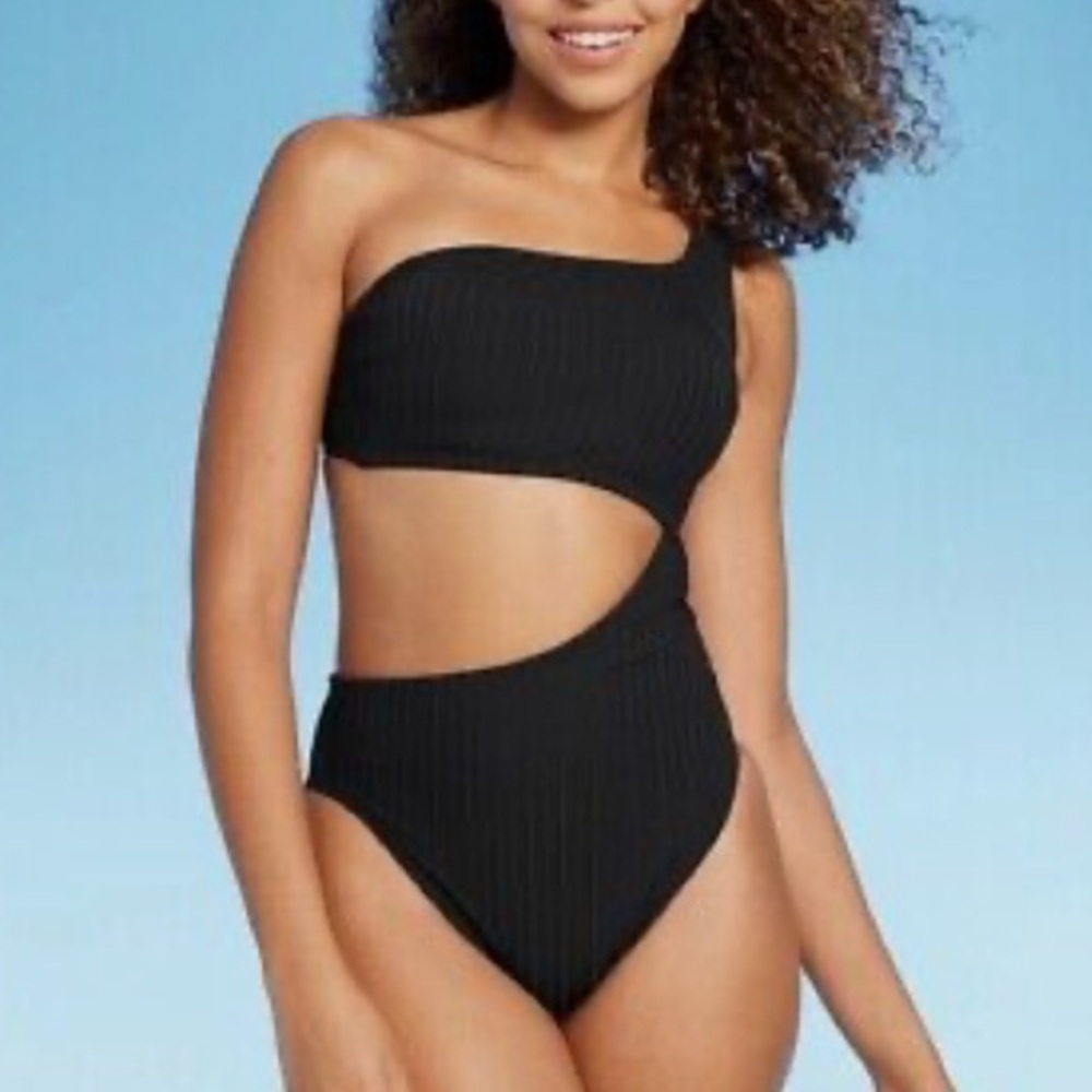 Shade & Shore Black Ribbed One Shoulder Cut Out One Piece Swimsuit Womens NEW